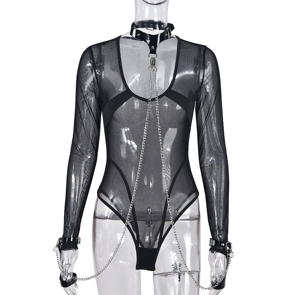 Noir Mesh Chain Accent Bodysuit with Collar & Cuffs-Black Long Sleeve-L-Bodies & Teddies-StylinArts