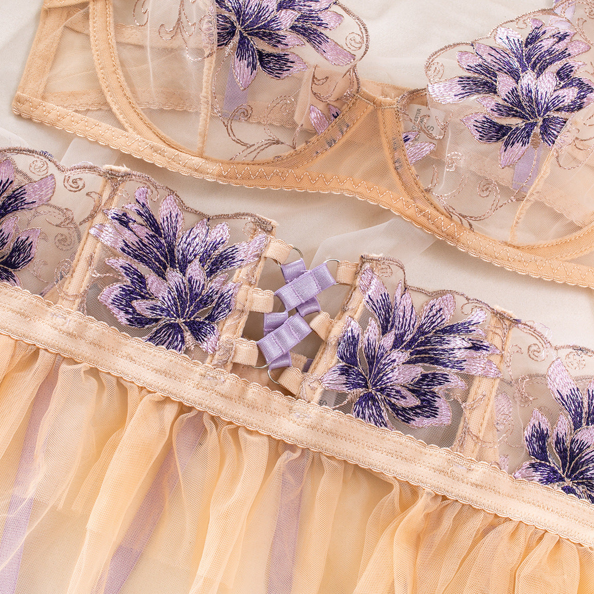 Aurivine Embroidered Mesh Harness Lingerie Set-Apricot-L-Basques-StylinArts
