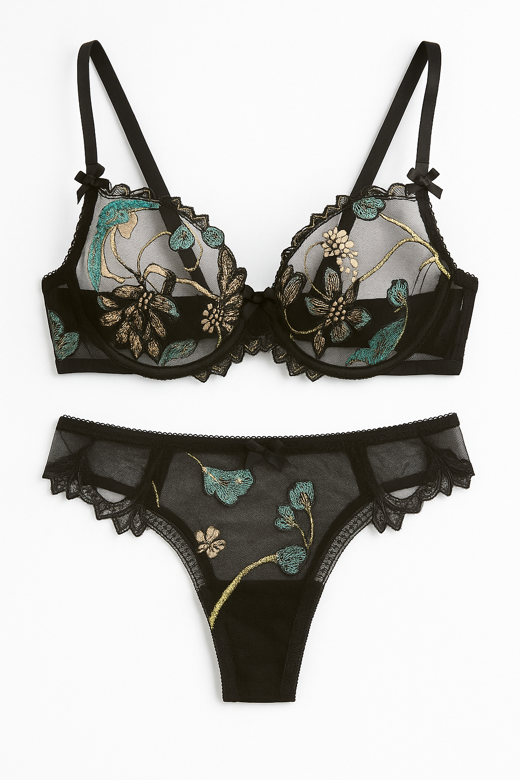 Elara Embroidered Mesh Bra & Brief Set-Black-70B-Bras and Briefs-StylinArts