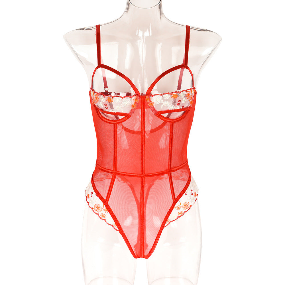 Lucina Embroidered Mesh Bodysuit-Red-L-Bodies & Teddies-StylinArts