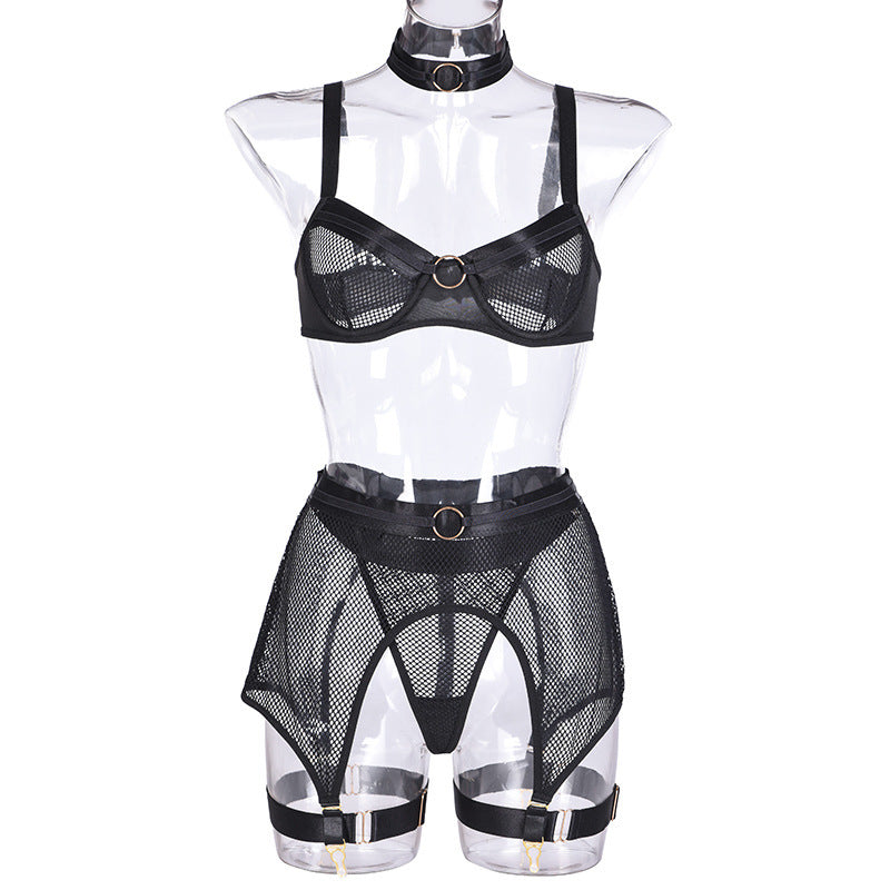 Midnight Siren Mesh & Ring Detail Lingerie Set-Black-L-Basques-StylinArts