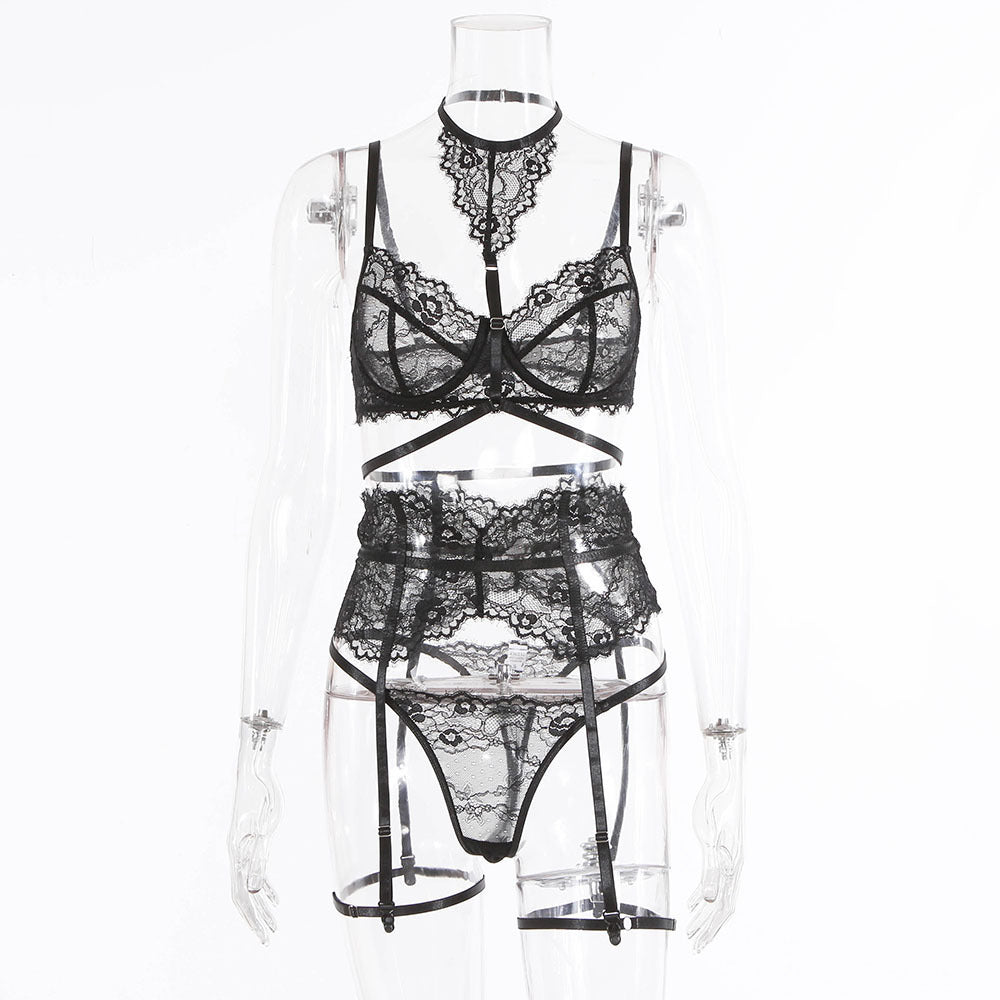 Elara High-Neck Lace Lingerie Set-Black-L-Basques-StylinArts