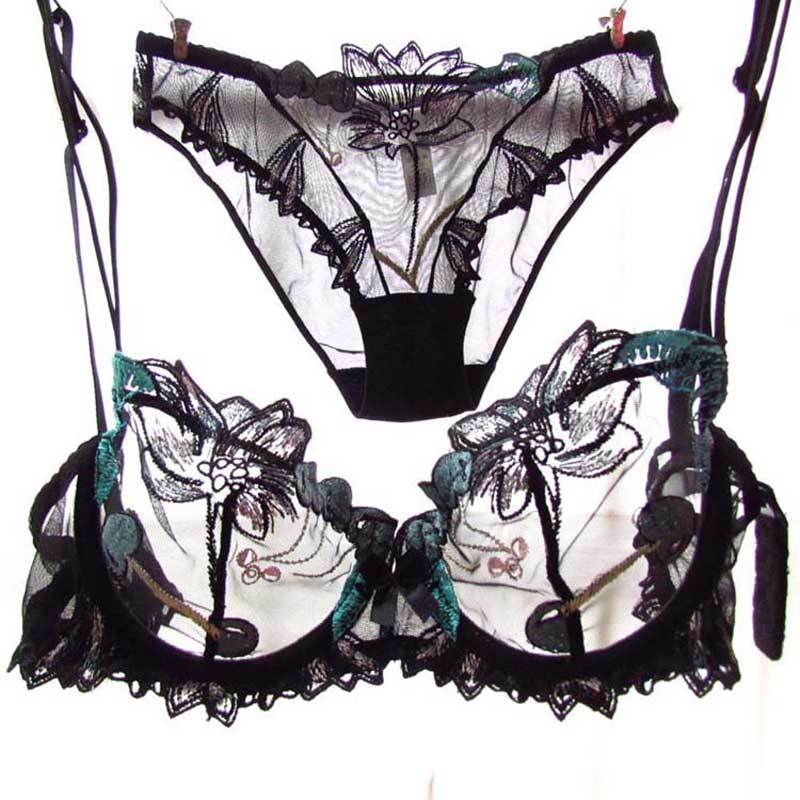 Elara Embroidered Mesh Bra & Brief Set-Black-70B-Bras and Briefs-StylinArts