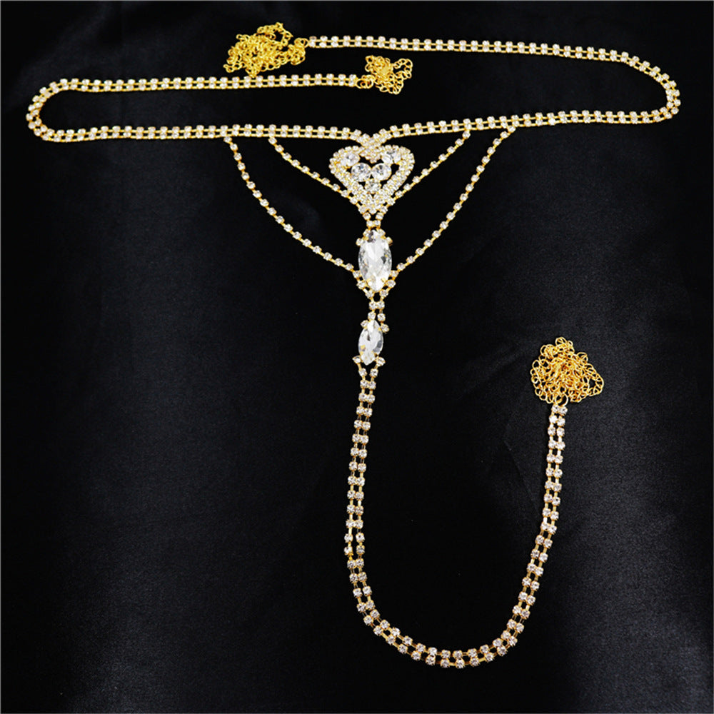 Crystal Heart Body Chain Thong – Daring Lingerie Jewelry for Boudoir Seduction-Belly chain-StylinArts