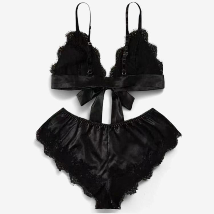 Veloura Satin Lace Set-Black-L-Bras and Briefs-StylinArts