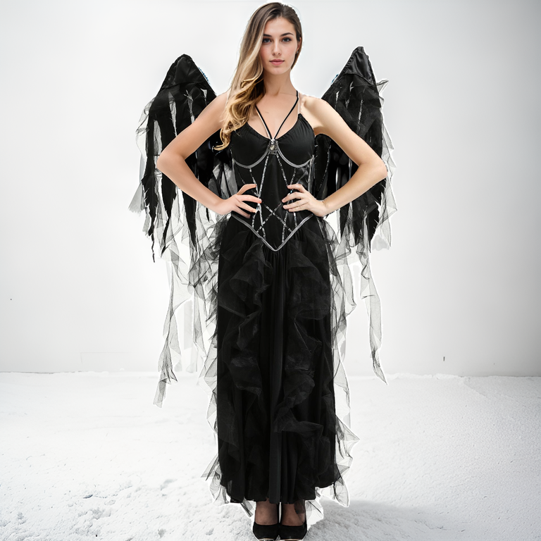Dark Fallen Angel Costume – Gothic Wings & Midnight Gown-Intimate Roleplay Outfits-StylinArts