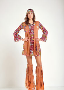 Groovy Hippie Babe Costume – Fringe Vest & Psychedelic Mini Dress