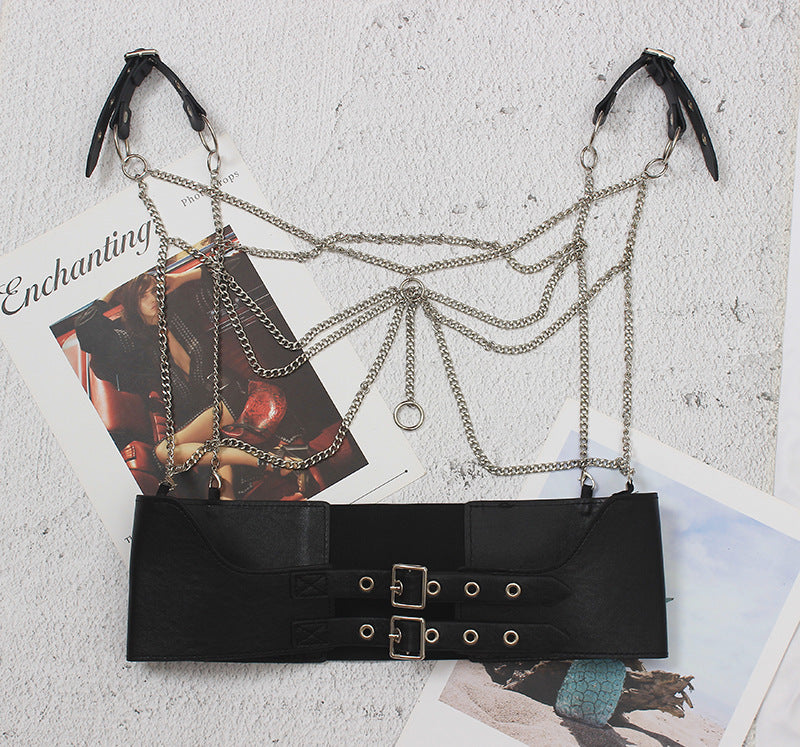 Chainlink Leather Harness Bra-Suspender Belts-StylinArts
