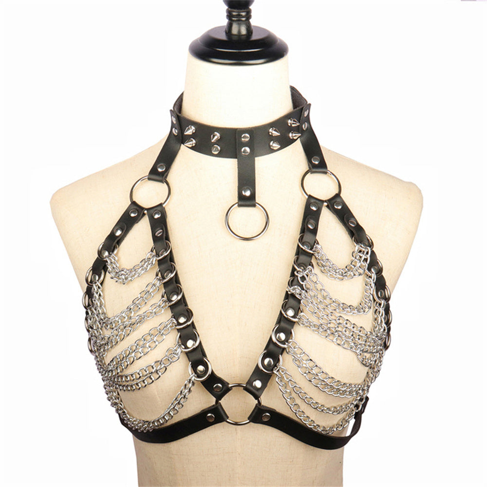 Fierce Femme Studded Punk Bra with Collar Belt-Suspender Belts-StylinArts