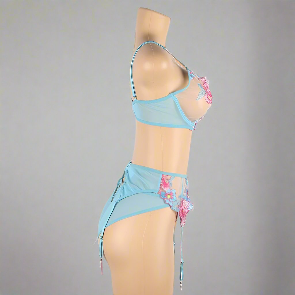 Paradise Bloom Embroidered Garter Set-Blue-3XL-Basques-StylinArts