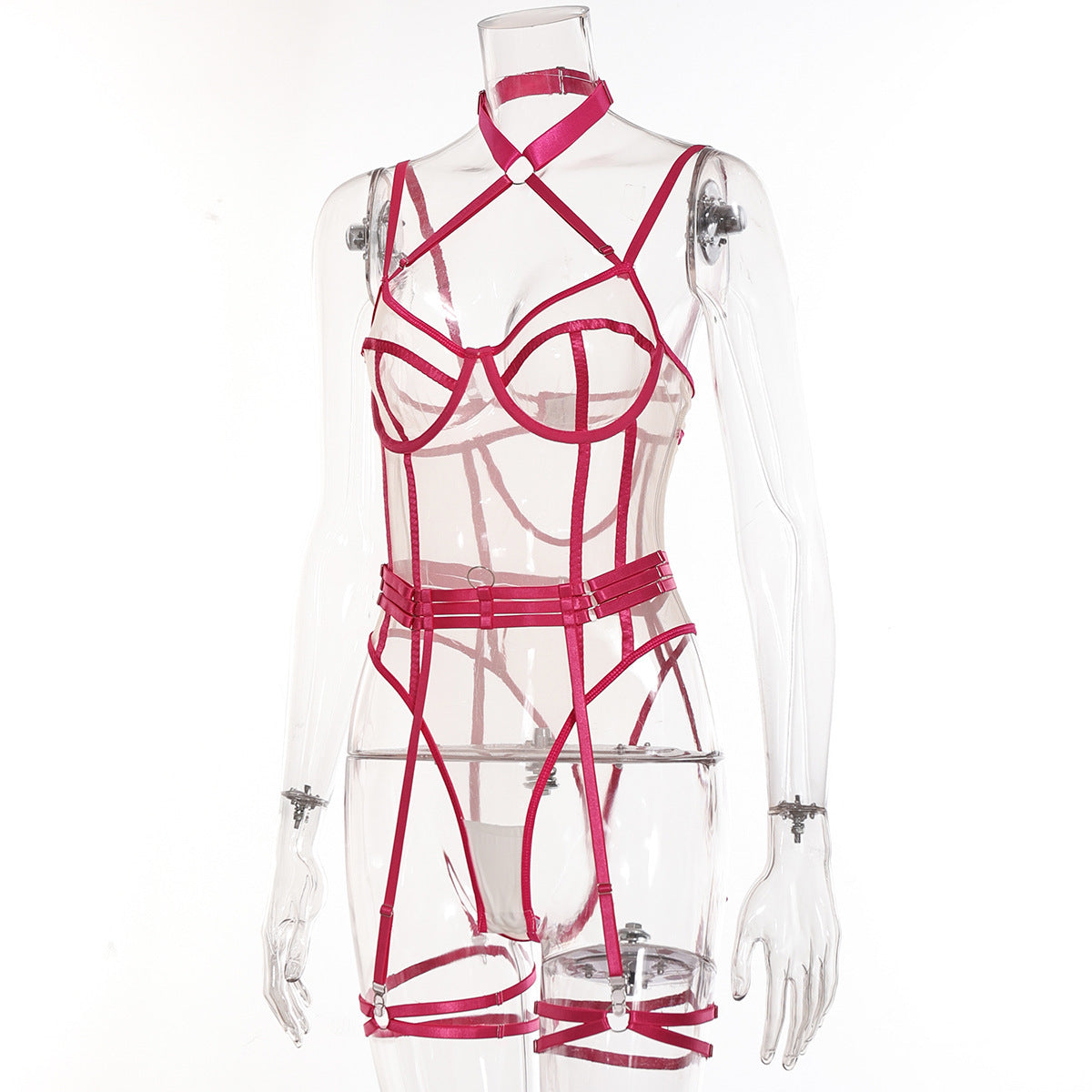 Calthea Strappy Harness Bodysuit-Rose Red-L-Basques-StylinArts