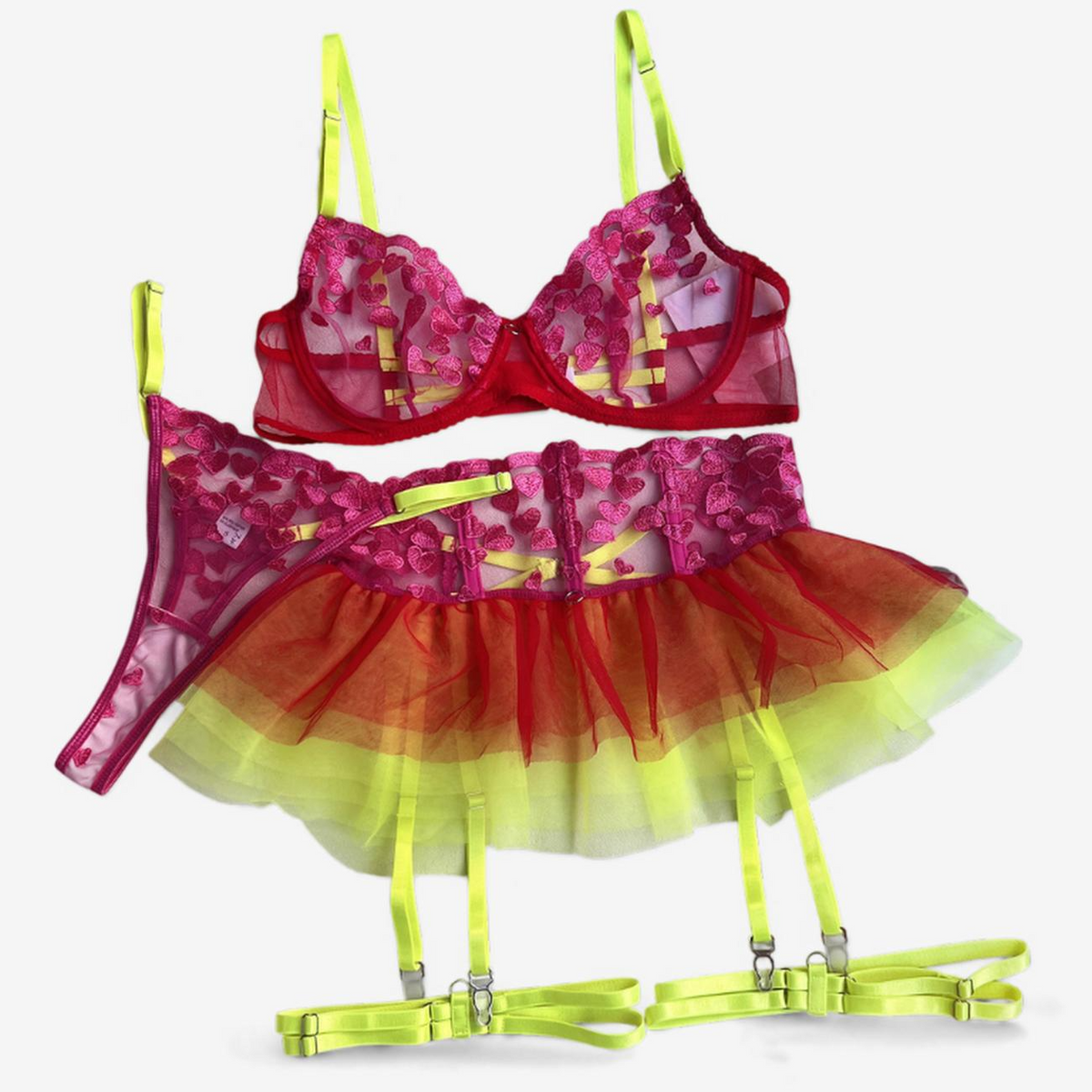 Carnivale Heart Tulle Garter Set-Rose Red-L-Basques-StylinArts