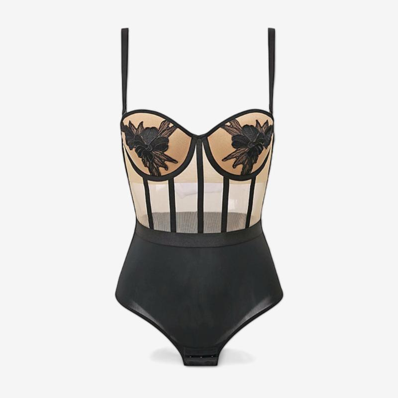 Vespera Appliqué Panel Bodysuit-Brown-70B-Bodies & Teddies-StylinArts