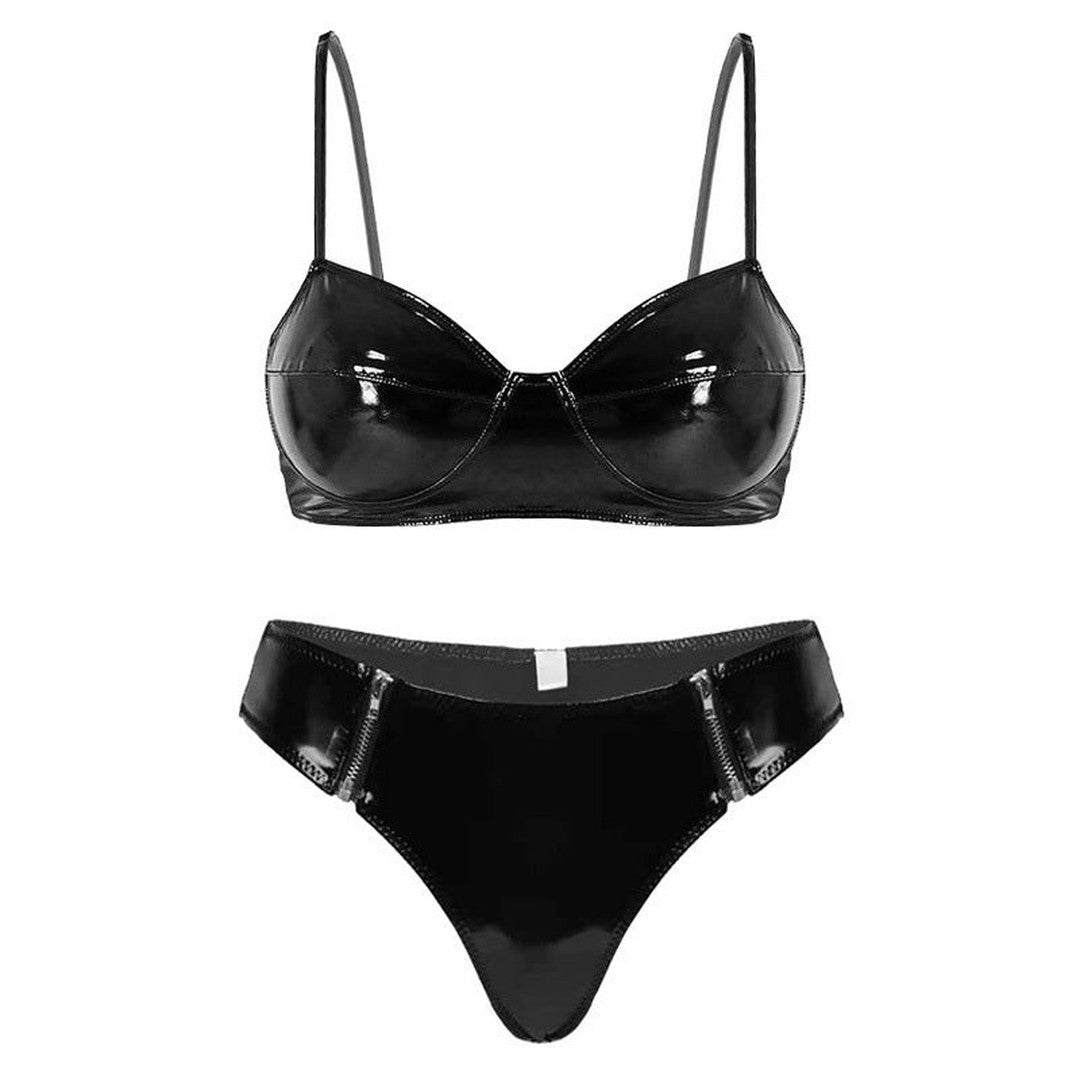 Ava Black Patent Leather Lingerie Set-L-Black-Bras and Briefs-StylinArts