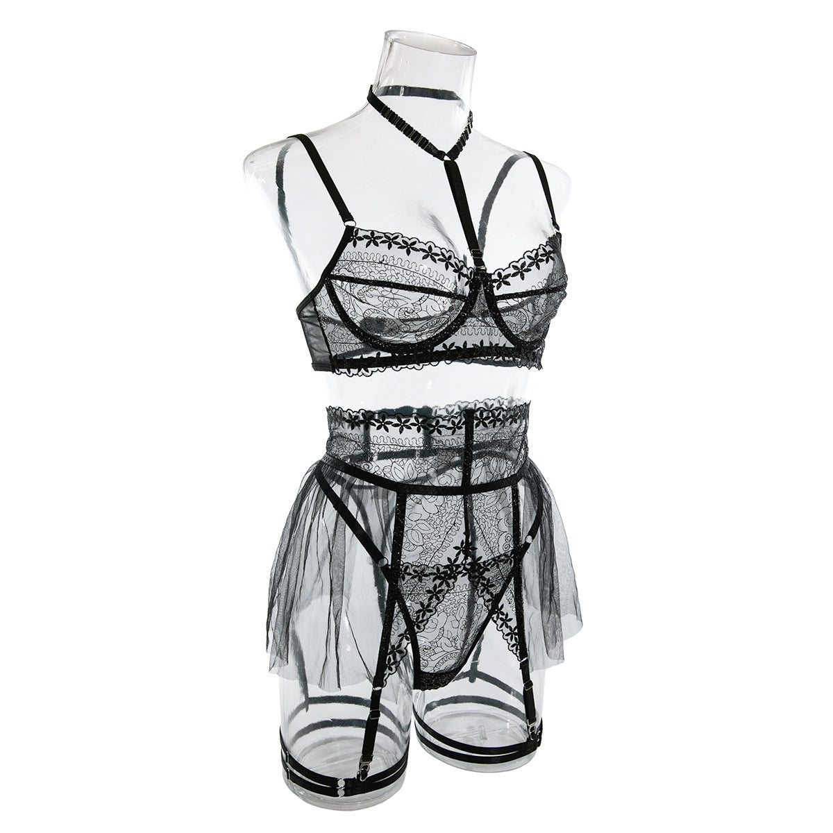 Midnight Veil Embroidered Garter Set-Black-L-Basques-StylinArts
