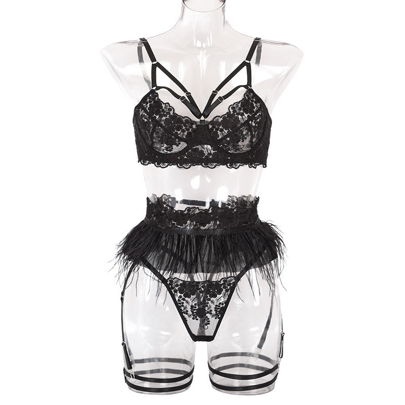 Nocturne Plume Lace Garter Set-Black-L-Basques-StylinArts