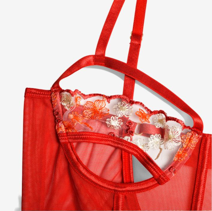 Lucina Embroidered Mesh Bodysuit-Red-L-Bodies & Teddies-StylinArts