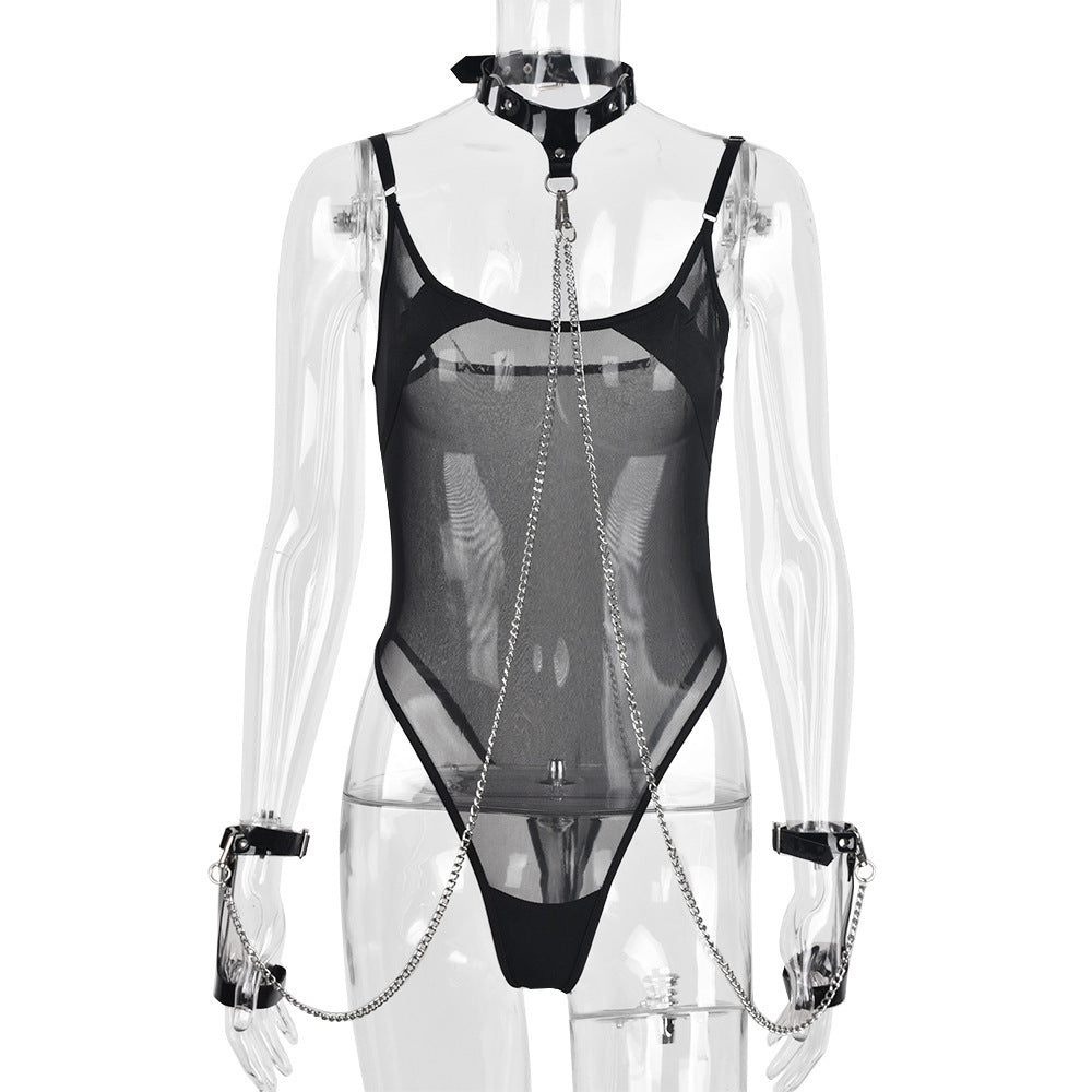 Noir Mesh Chain Accent Bodysuit with Collar & Cuffs