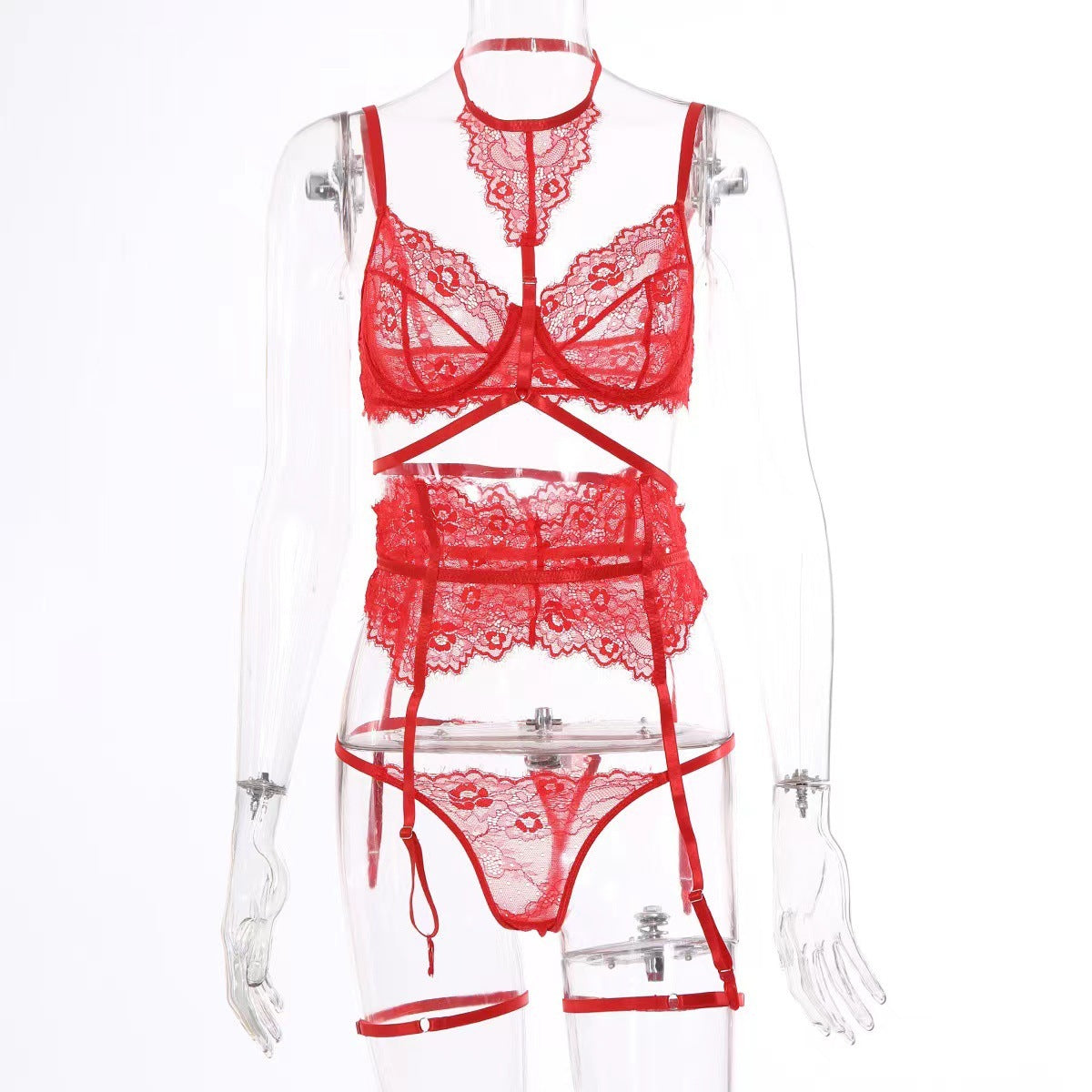 Seravine Lace Harness Lingerie Set-Red-L-Basques-StylinArts