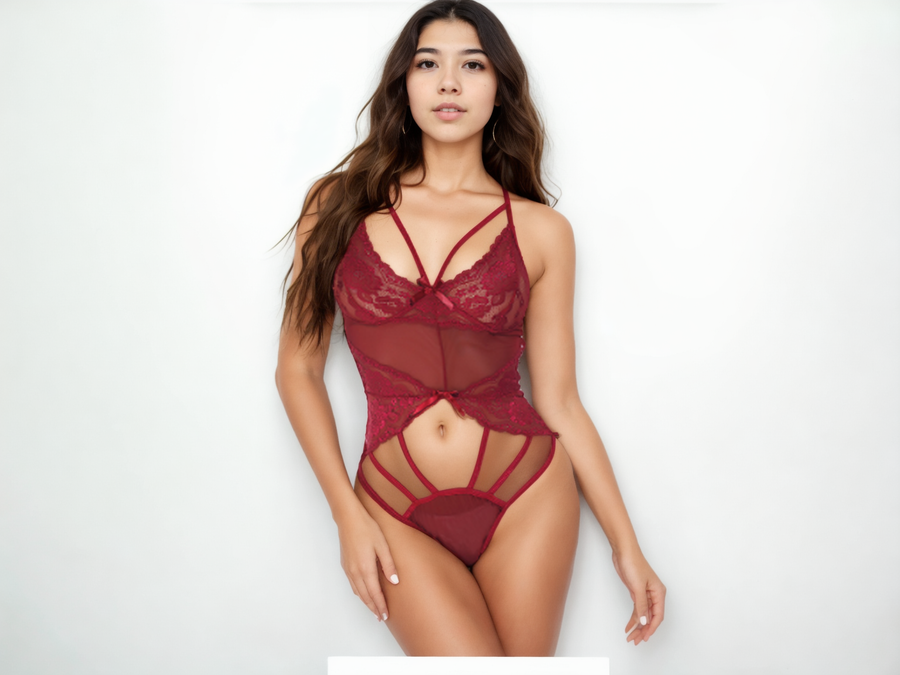 Marceline Lace Cutout Mesh Bodysuit-Wine Red-L-Bodies & Teddies-StylinArts