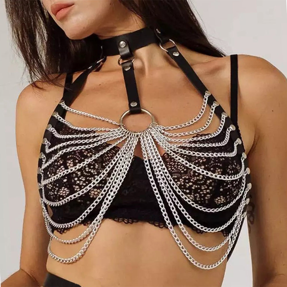 Rebel Fringe Multi-Layer Body Chain – Punk Fringe Leather Harness | No Limits Collection