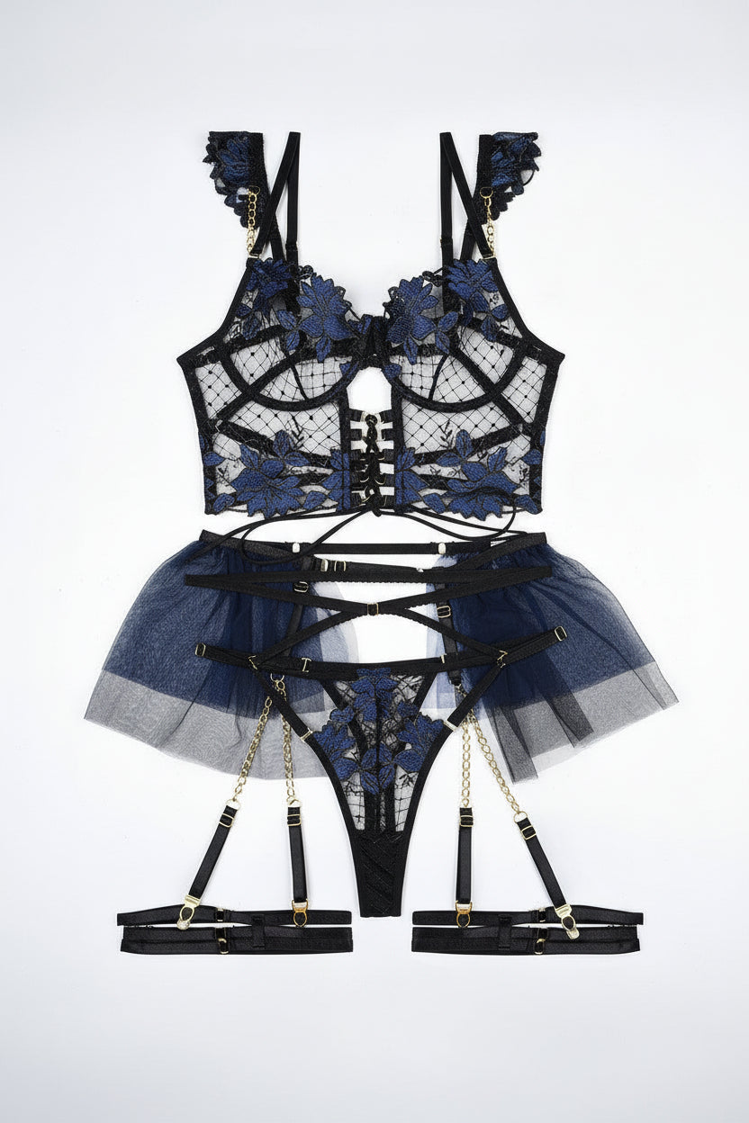 Elurisse Embroidered Corset Skirted Lingerie Set