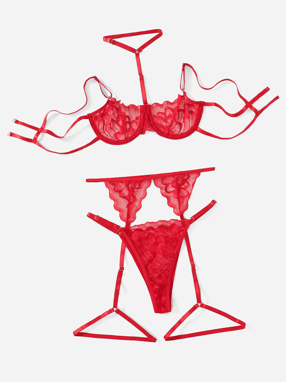 Virelle Lace Balconette Lingerie Set-Red-2XL-Basques-StylinArts
