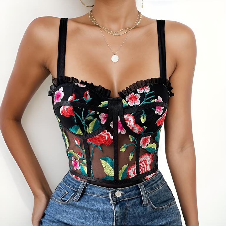 Floravere Embroidered Mesh Bodysuit-L-Black-Bodies & Teddies-StylinArts