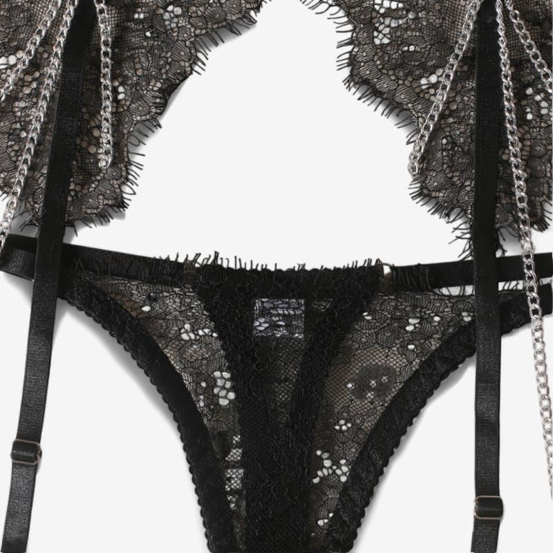 Selestia Lace Chain Garter Set-Black-L-Basques-StylinArts
