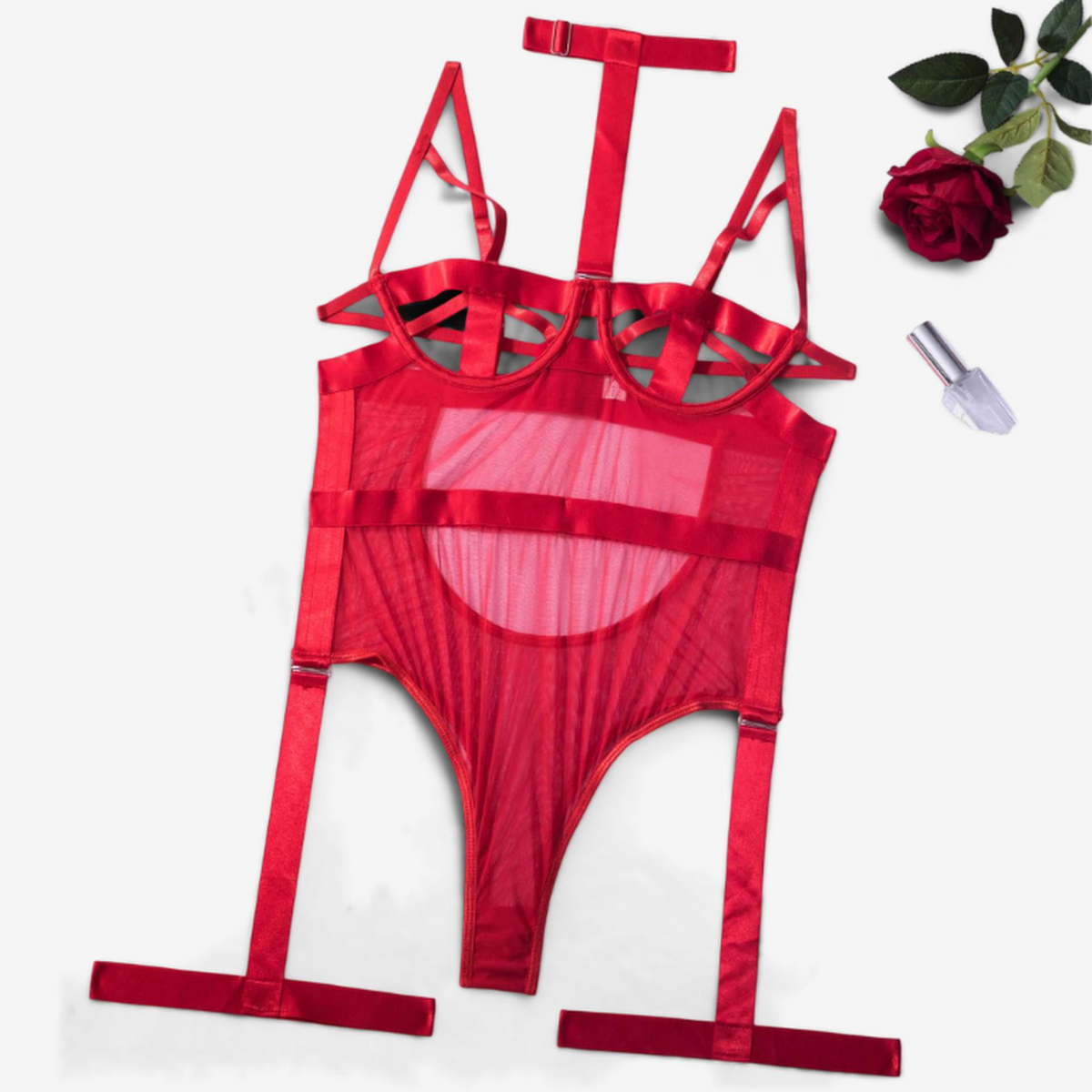 Virelia Strappy Mesh Bodysuit-Red-L-Basques-StylinArts