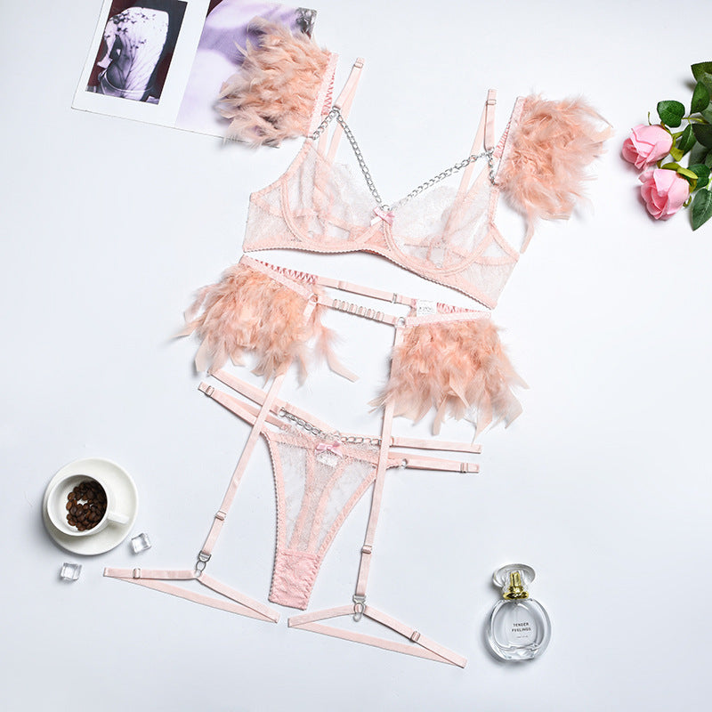 Celestia Feather & Chain Lingerie Set-Rose Embrace-L-Basques-StylinArts