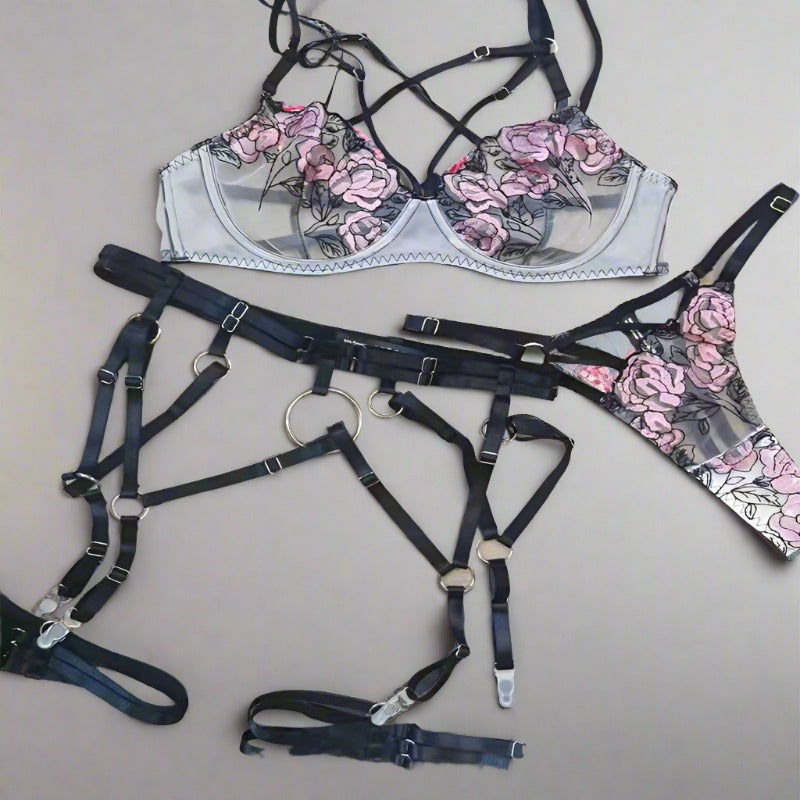 Celestine Embroidered Harness Set-Pink-L-Basques-StylinArts
