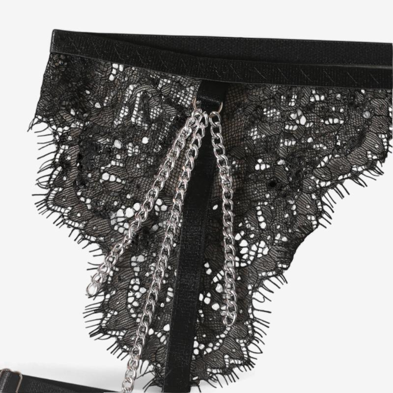 Selestia Lace Chain Garter Set-Black-L-Basques-StylinArts