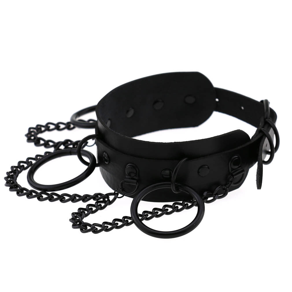 Black Faux Leather O-Ring Chain Choker – Dark Fantasy Statement Collar-Necklace-StylinArts