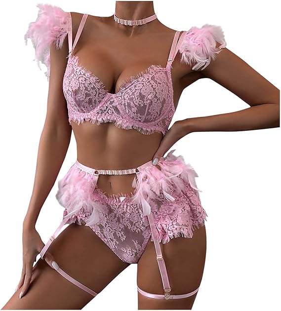 Seraphina Feather Lace Lingerie Set-Pink-L-Basques-StylinArts