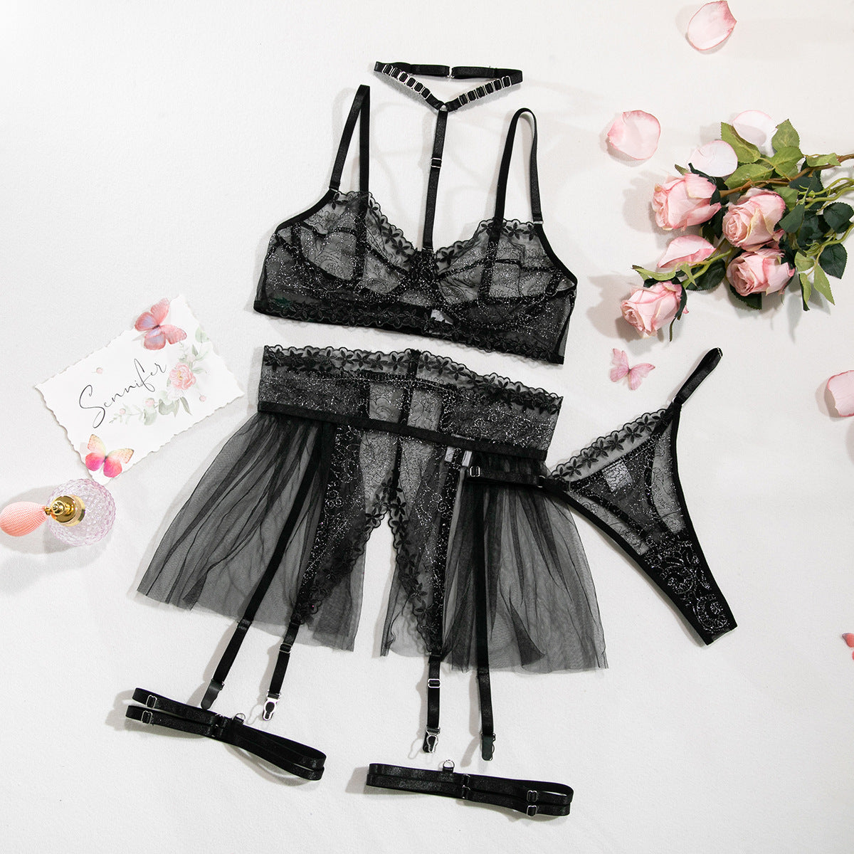 Midnight Veil Embroidered Garter Set-Black-L-Basques-StylinArts