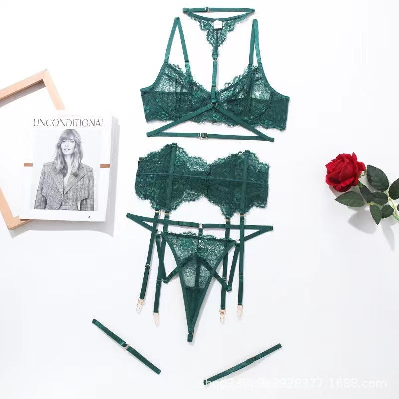 Seravine Lace Harness Lingerie Set-Dark Green-L-Basques-StylinArts