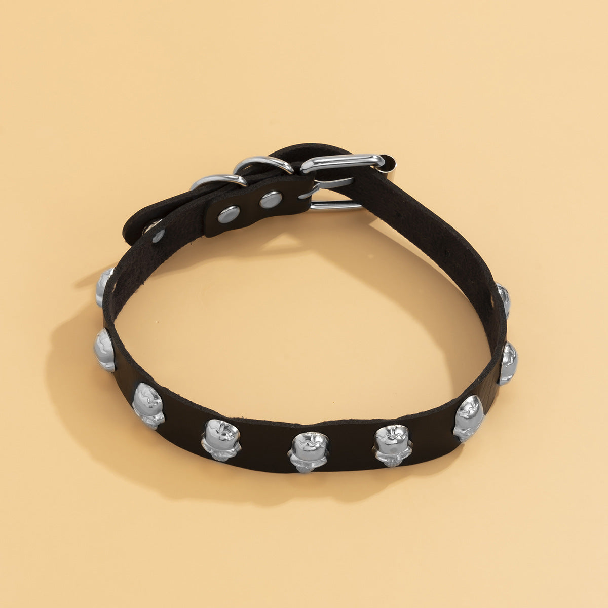 Skull Studded Black Faux Leather Choker – Edgy Seduction Statement-Necklace-StylinArts