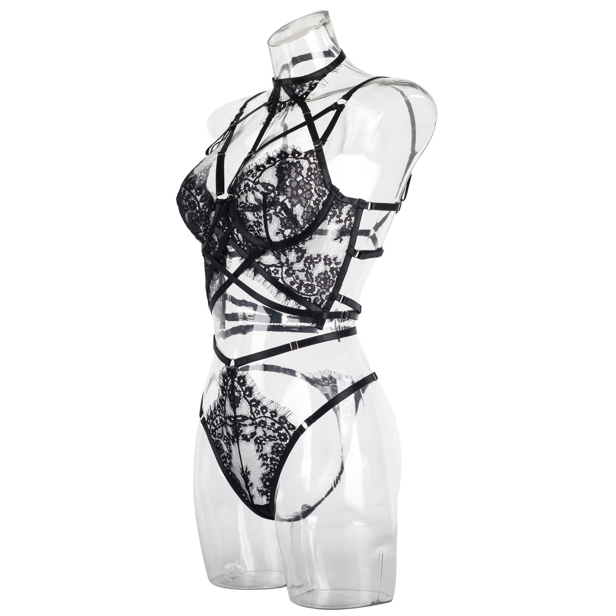 Black Isolde Strappy Lace Longline Set-Black-L-Basques-StylinArts