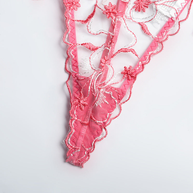 Rosavine Embroidered Mesh Lingerie Set-Rose Red-L-Basques-StylinArts