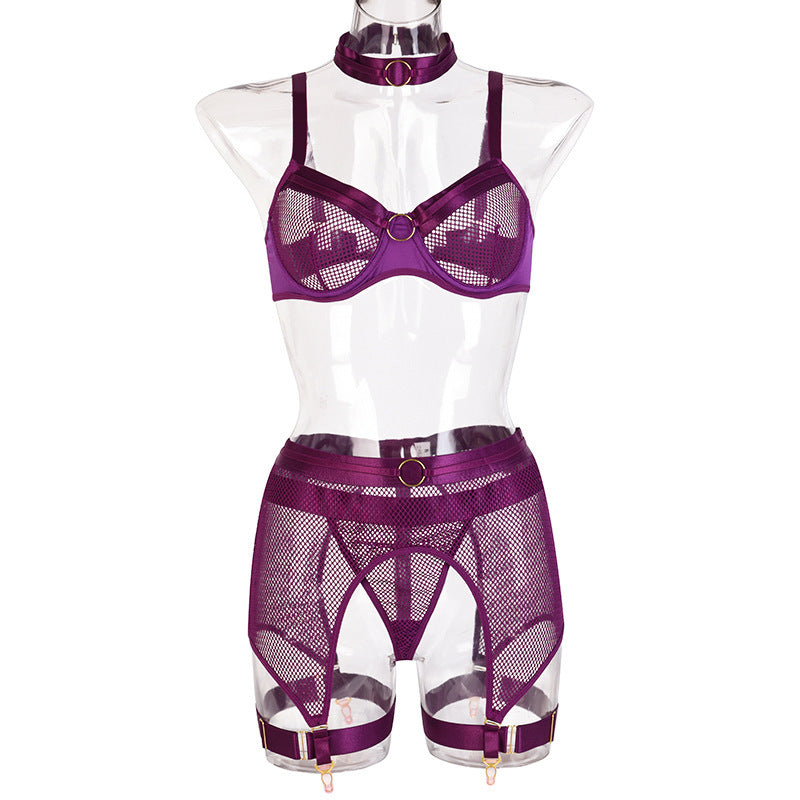Midnight Siren Mesh & Ring Detail Lingerie Set-Purple-L-Basques-StylinArts