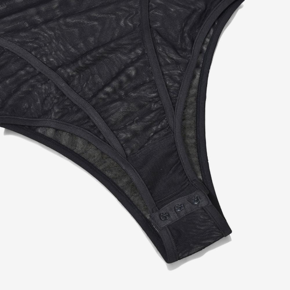 Noir Mesh Chain Accent Bodysuit with Collar & Cuffs-Black Long Sleeve-L-Bodies & Teddies-StylinArts