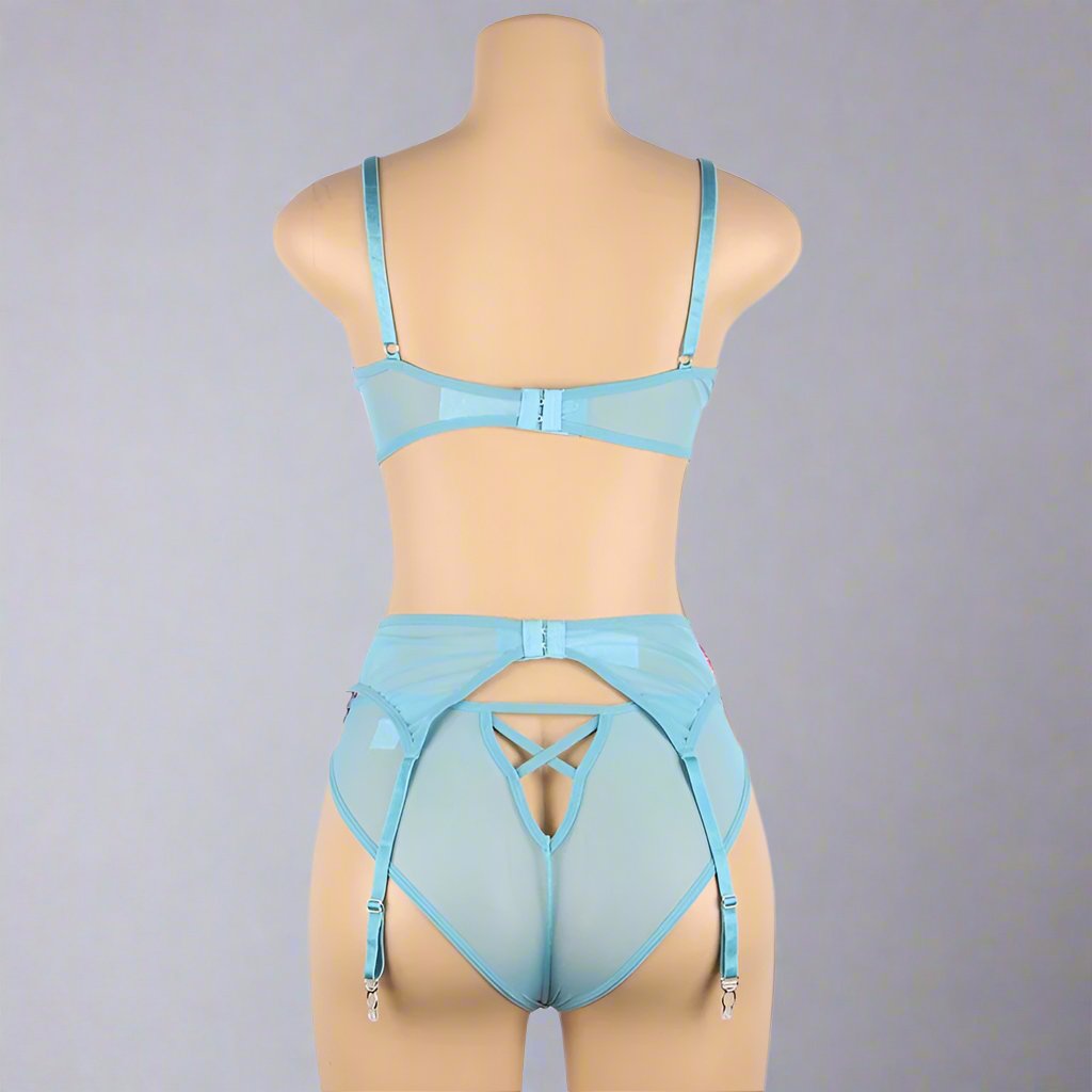 Paradise Bloom Embroidered Garter Set-Blue-3XL-Basques-StylinArts