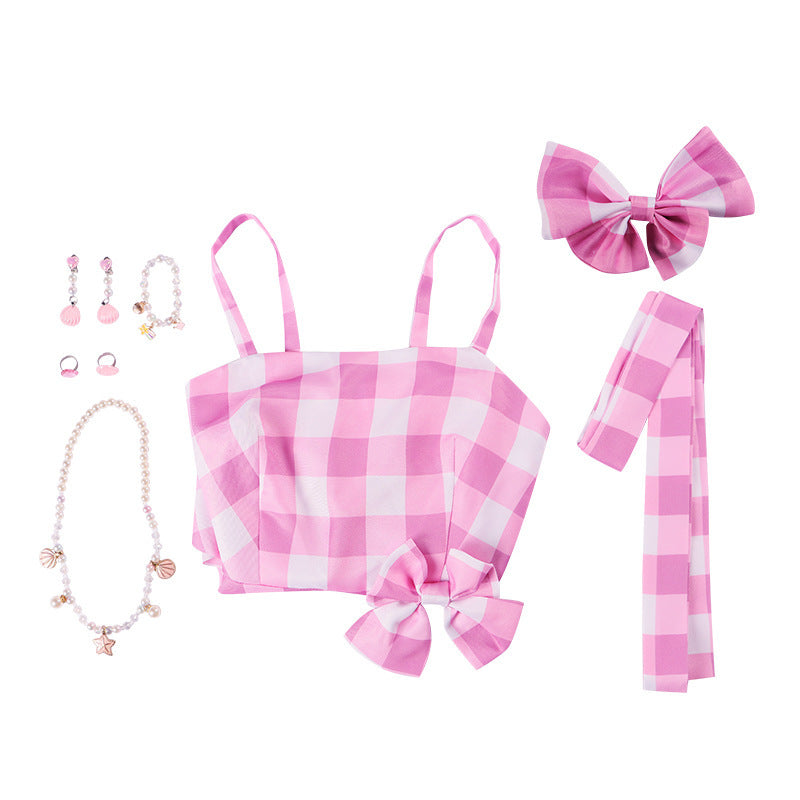 Dreamhouse Barbie Doll Costume – Pink Gingham Role-Play Dress with Bow-Intimate Roleplay Outfits-StylinArts