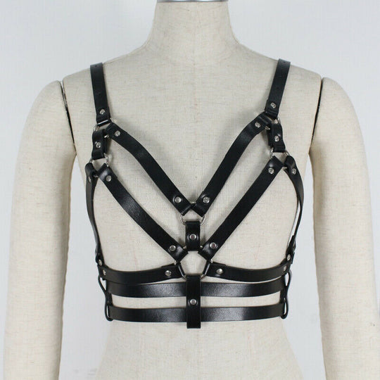 Enchanting Leather Bra with Body Chain-Suspender Belts-StylinArts