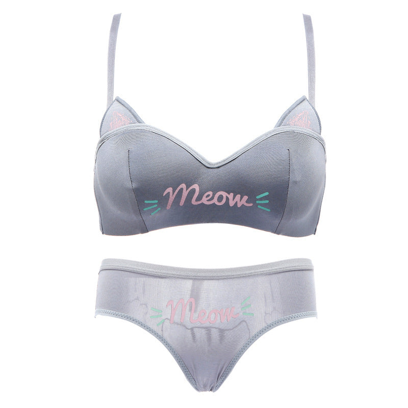 Meow Charm Lively Spandex/Lycra Bra and Panties Set-Grey-32AB-Bras and Briefs-StylinArts
