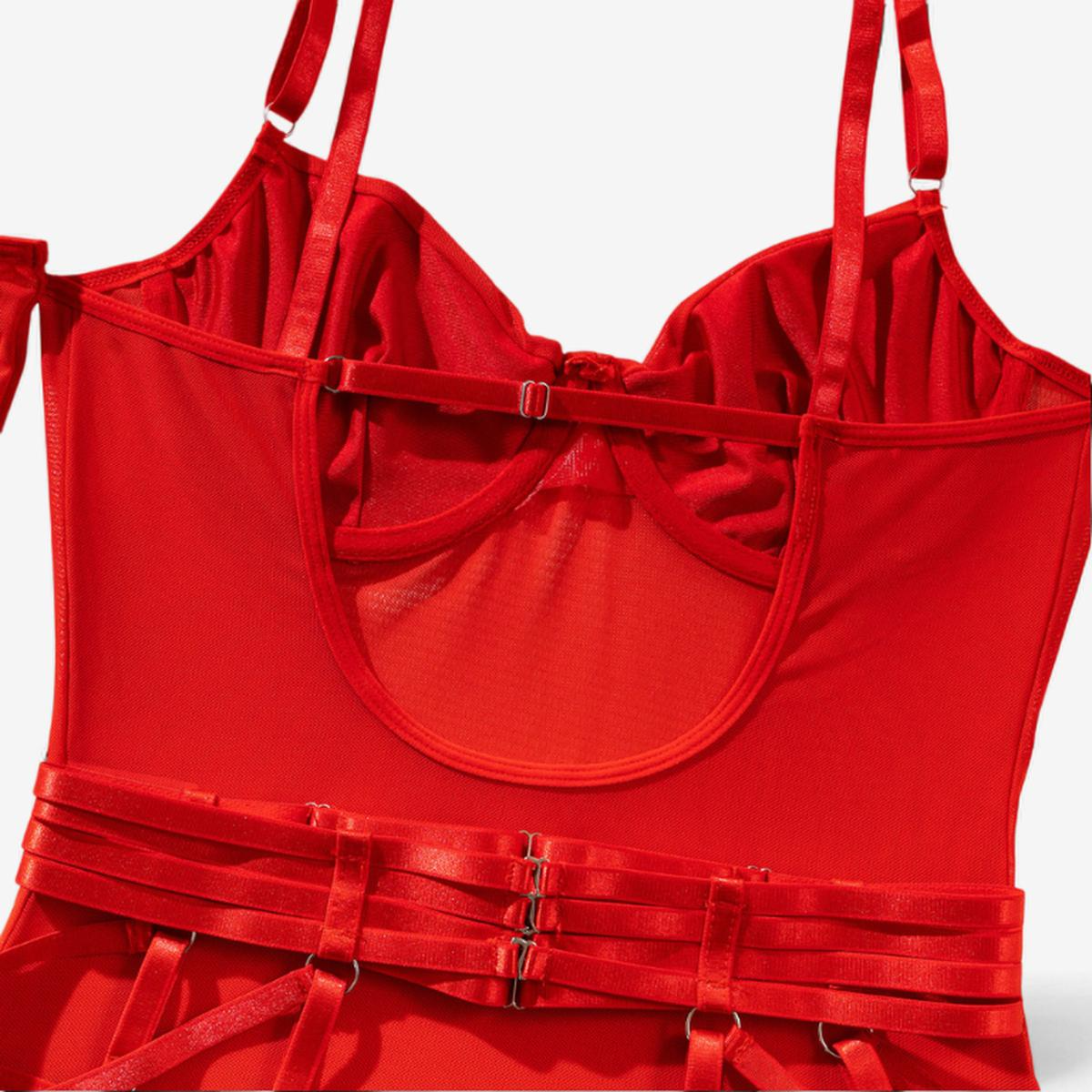 Scarlet Embrace Harness Bodysuit-Red-L-Basques-StylinArts