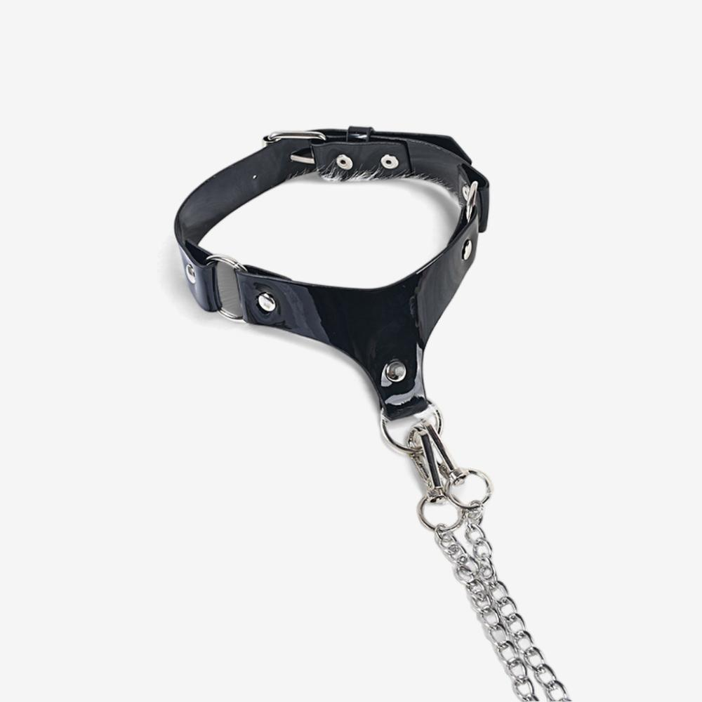 Noir Mesh Chain Accent Bodysuit with Collar & Cuffs-Black Long Sleeve-L-Bodies & Teddies-StylinArts