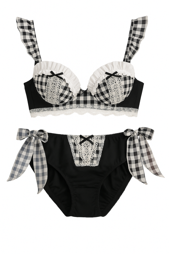 Clara Gingham Lace Lingerie Set-Black-70A-Bra-StylinArts