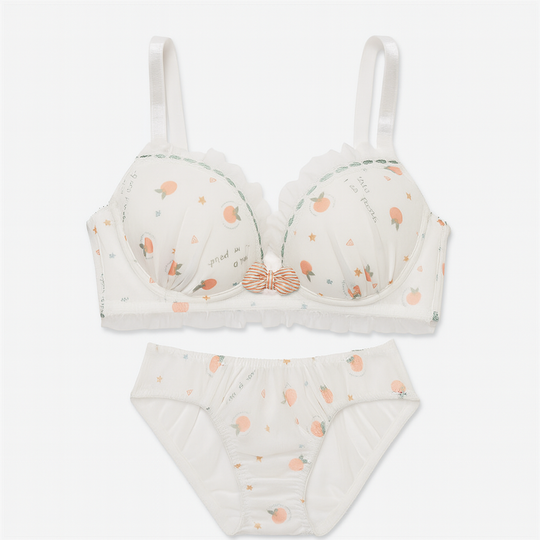 Primavera Print Mesh Bra Set-Peach-70B-Bra-StylinArts